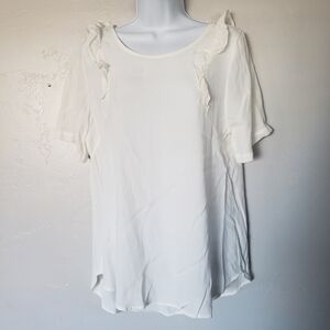 Antoinette Women's Large White Short Sleeve Blouse Top Keyhole Ruffle Crepey